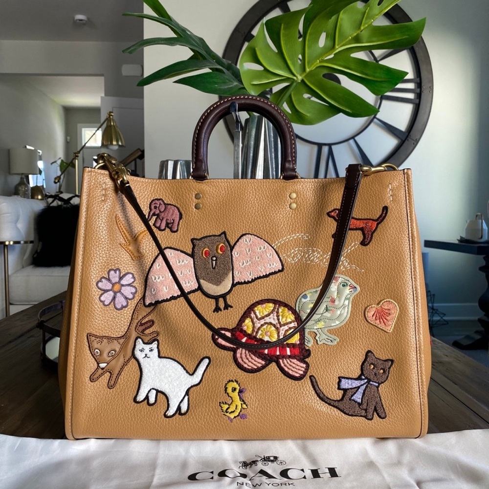 Coach Rouge 39 Tan Tote with Animal Creature Patches: Owl Turtle Cat Mushroom - Picture 9 of 14